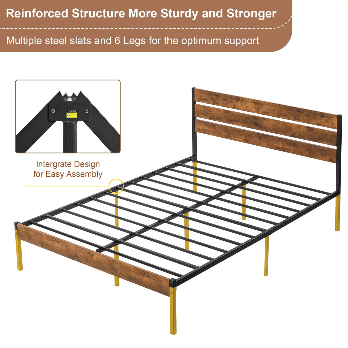 Queen Bed Frame with Wooden Headboard and Metal Slats J50116