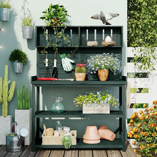 Green Wooden Potting Bench Table with Storage Shelves N41264