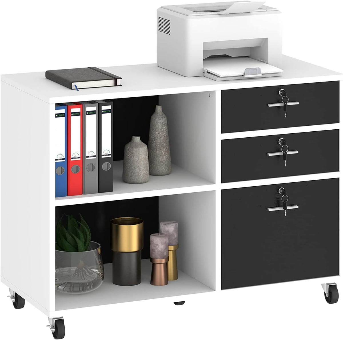White 3 Drawer Wood Lateral File Cabinet with 2 Open Shelves T899719