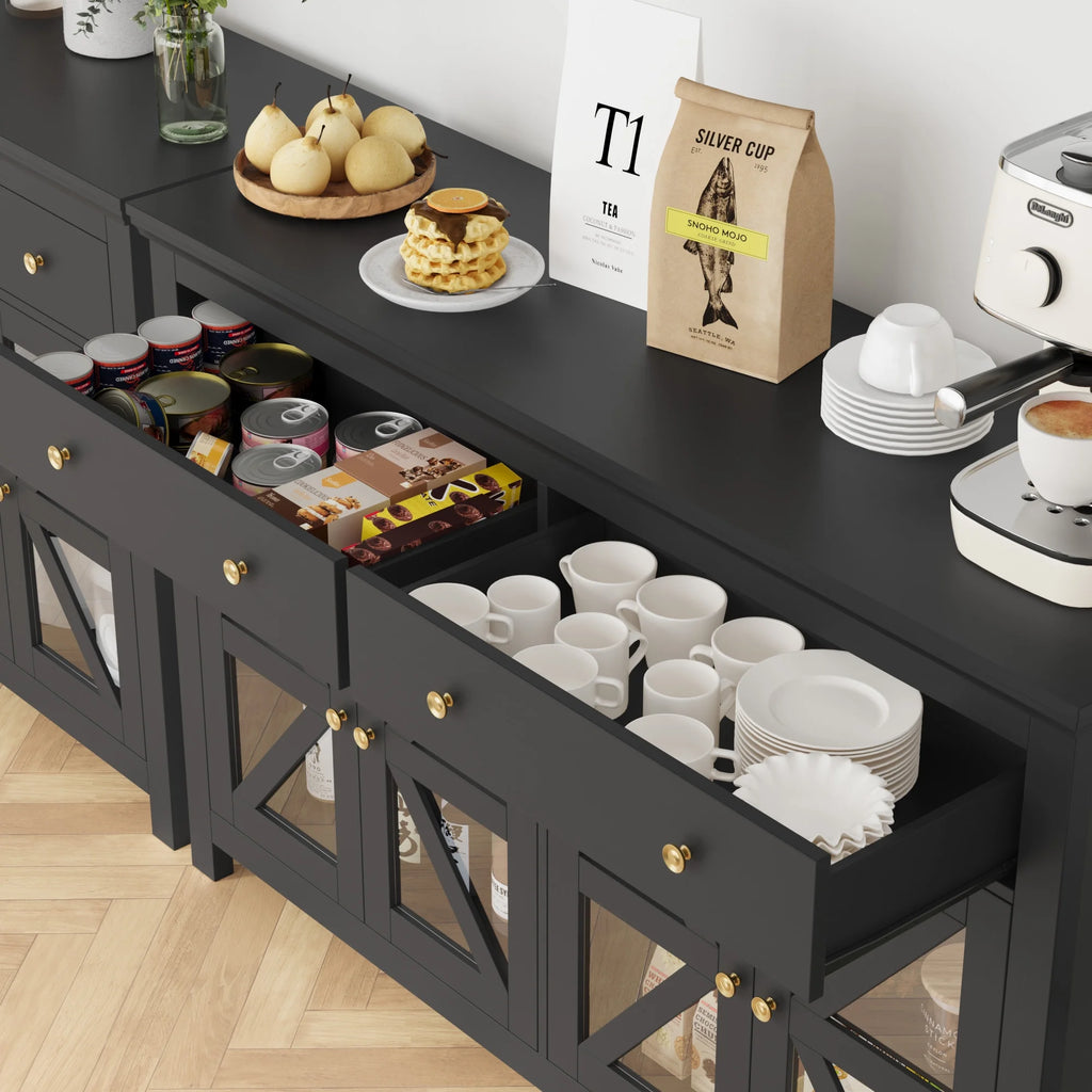 Black Buffet Cabinet with Glass Doors and Drawers Y609