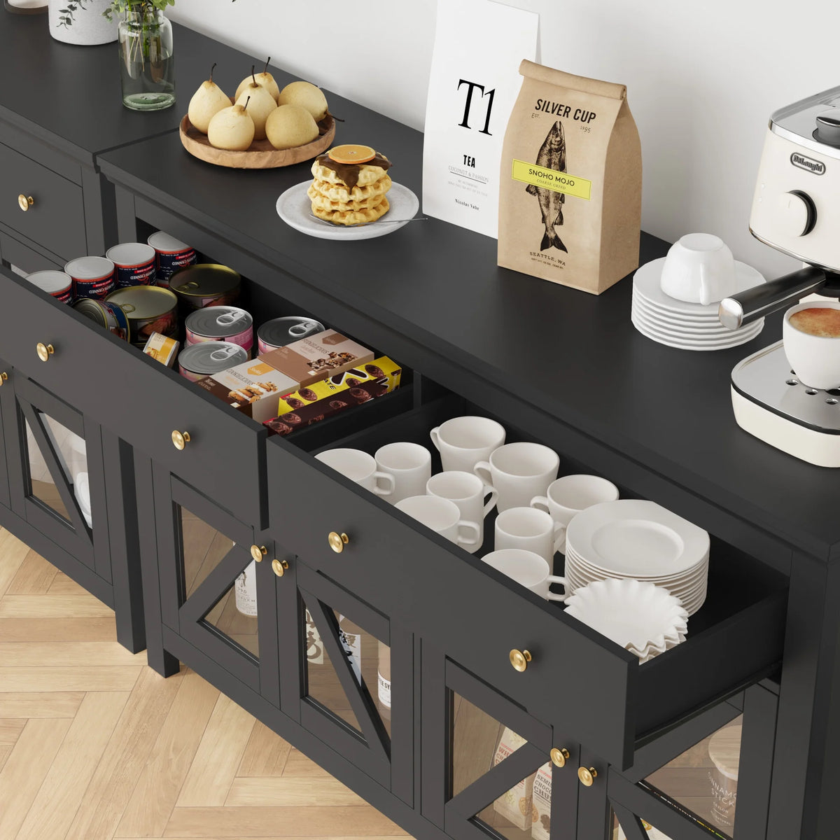 Black Buffet Cabinet with Glass Doors and Drawers Y609