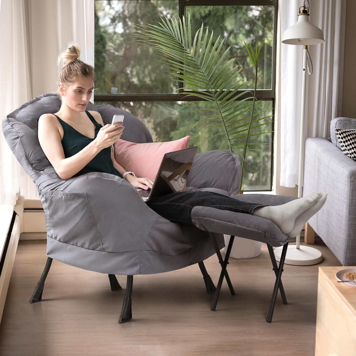 Dark Gray Fabric Accent Lounge Chair with Ottoman Y641