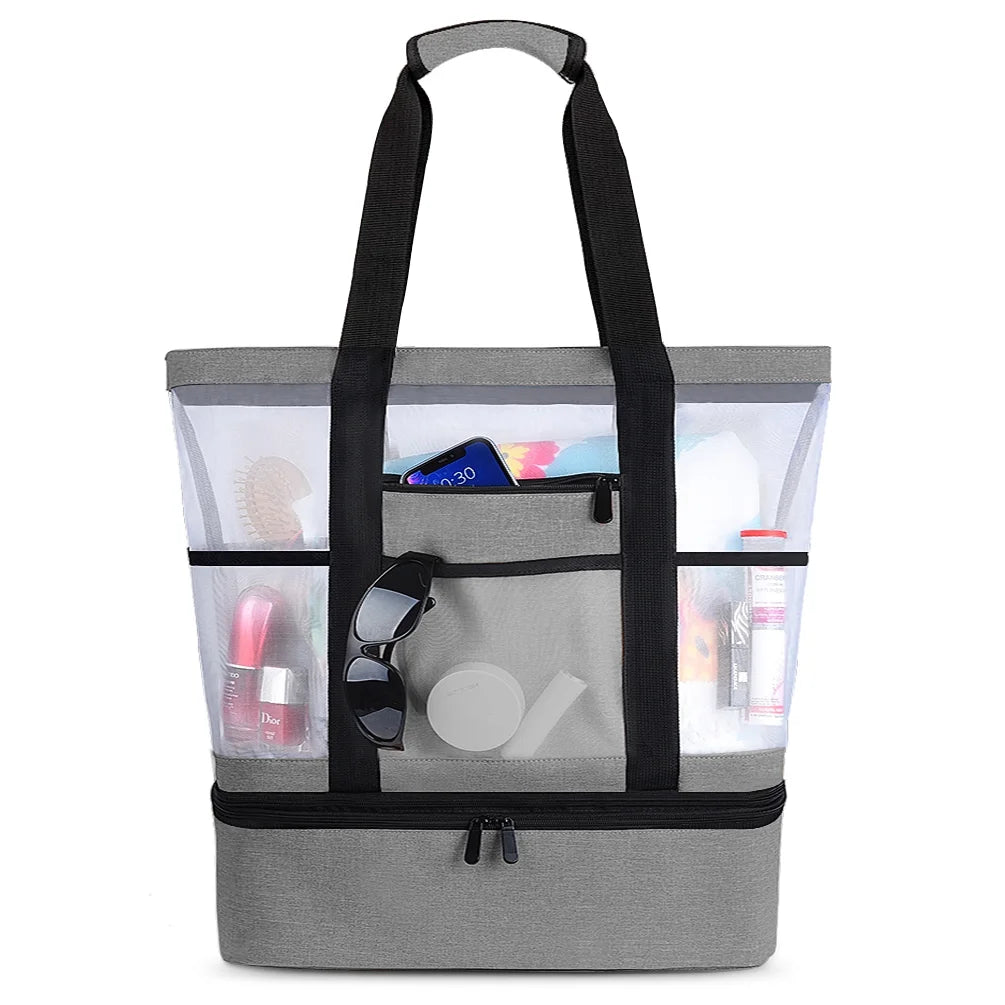 Gray Mesh Beach Tote with Zipper and Detachable Cooler A228223