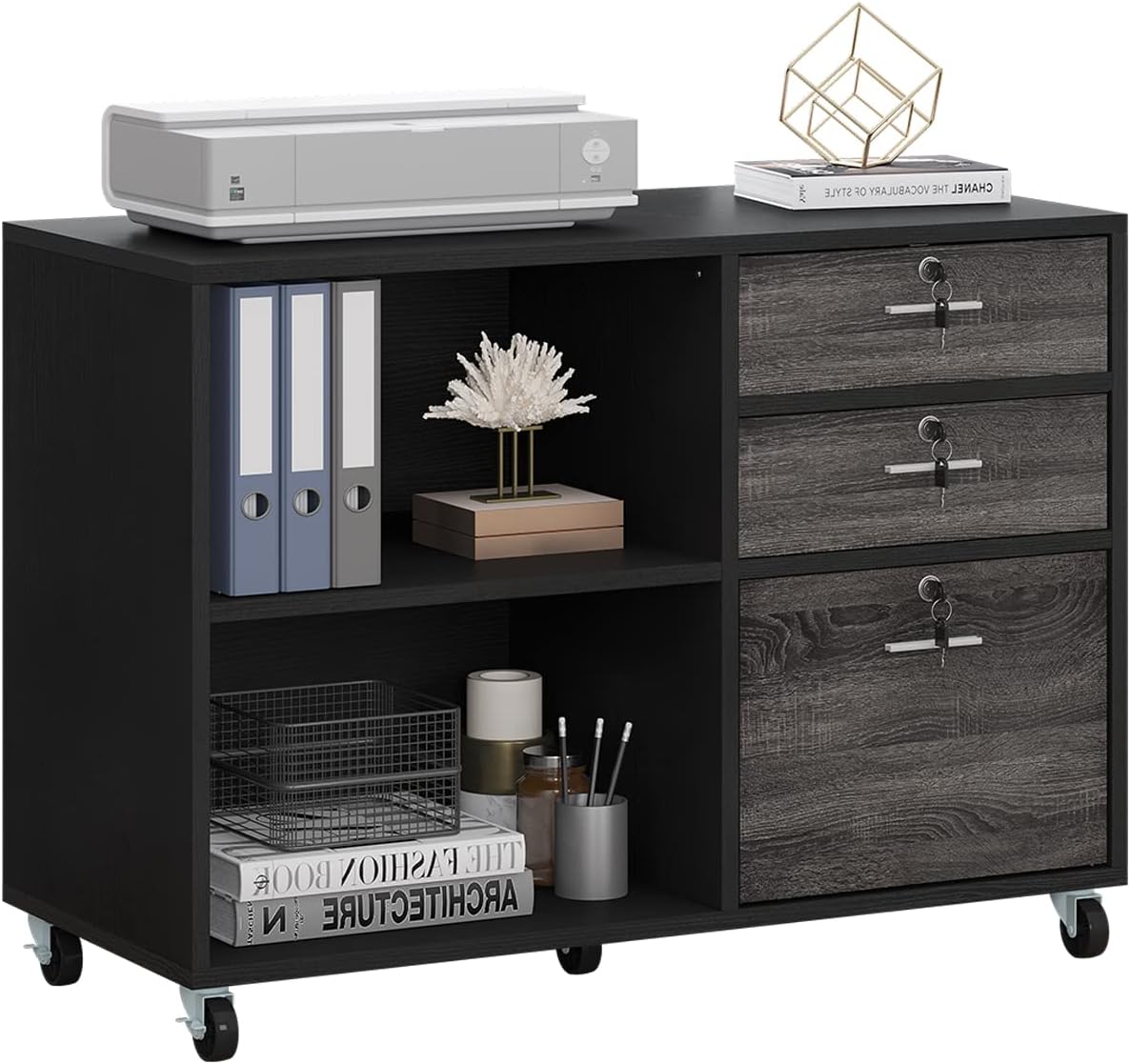 White 3 Drawer Wood Lateral File Cabinet with 2 Open Shelves T899719