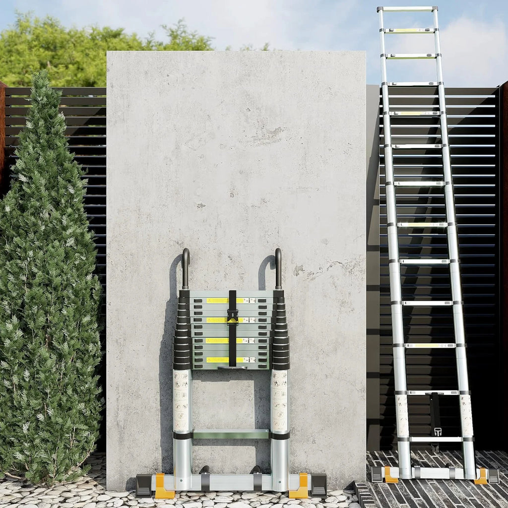 Folding Telescoping Ladder 12.5 FT Aluminum Extendable Ladder with 2 Detachable Hooks T13660