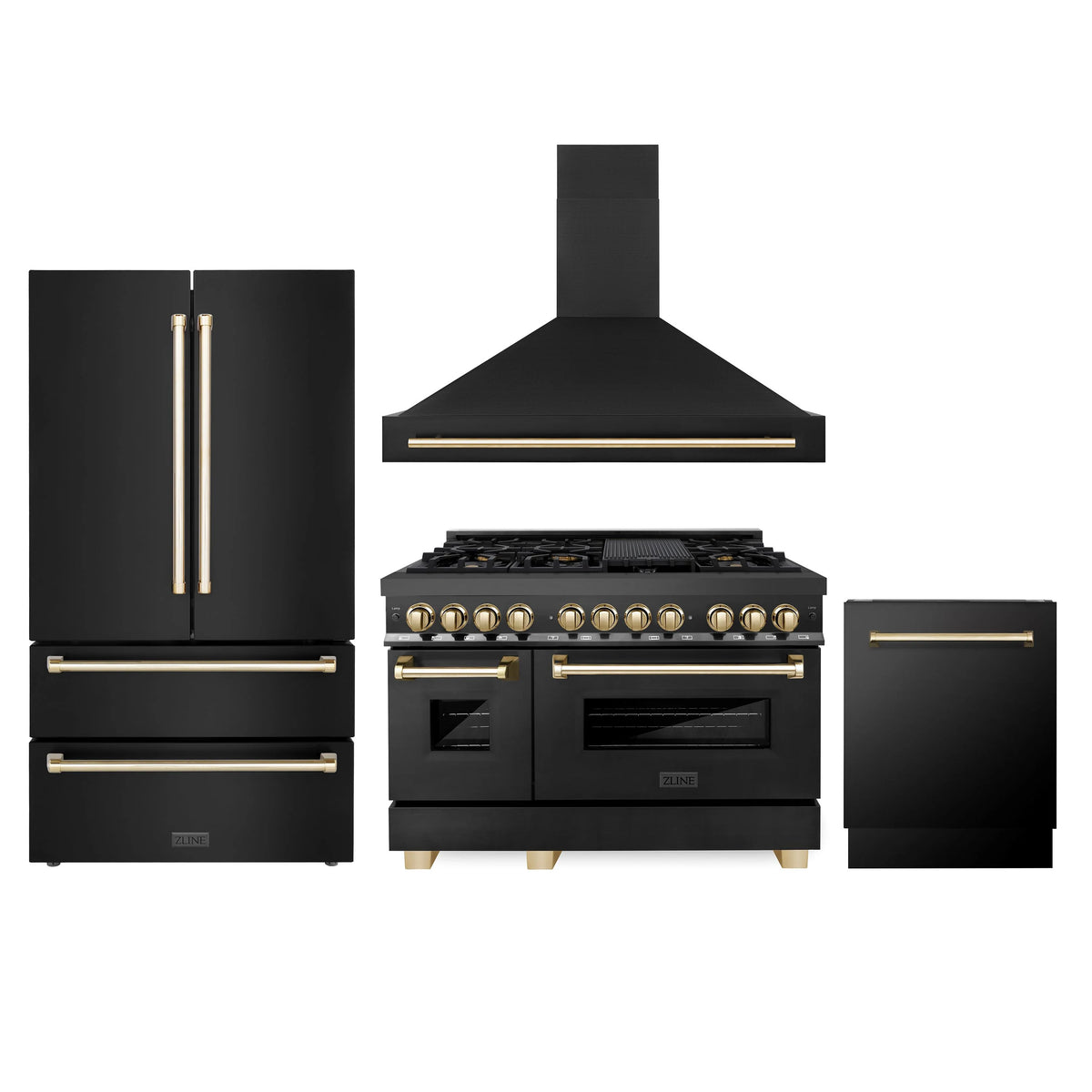 Black Stainless Steel 48 Dual Fuel Range, Range Hood, Refrigerator, Dishwasher D4482
