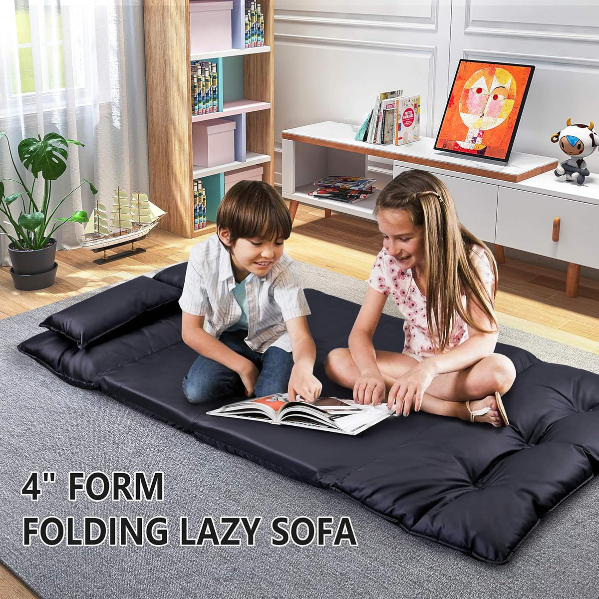 Adjustable Floor Sofa Bed with 2 Pillows, 5 Reclining Position, Black A911