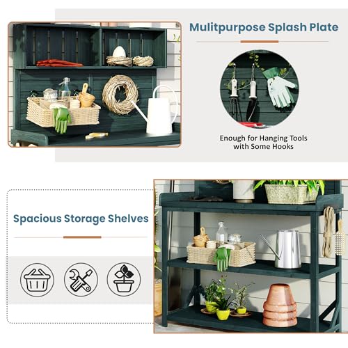 Green Wooden Potting Bench Table with Storage Shelves N41264