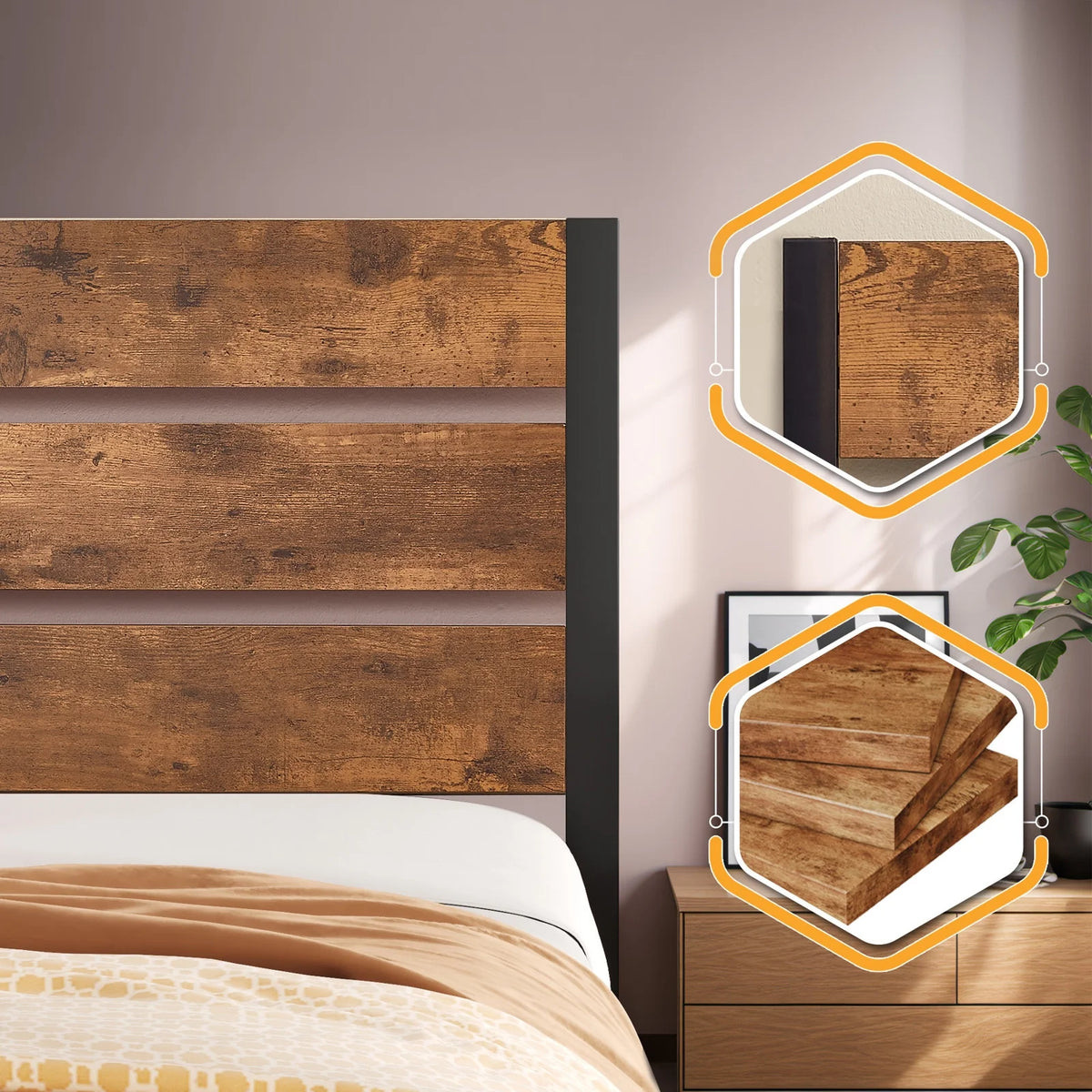 Queen Bed Frame with Wooden Headboard and Metal Slats J50116