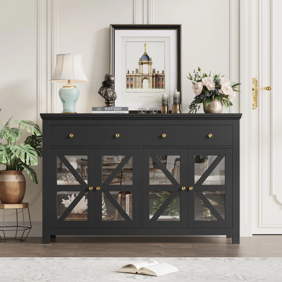 Black Buffet Cabinet with Glass Doors and Drawers Y609