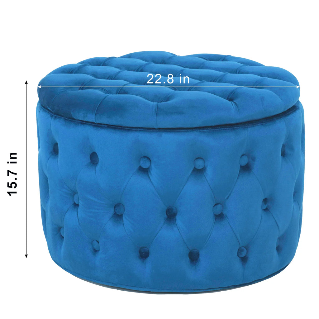 Blue Velvet Round Storage Ottoman T2647