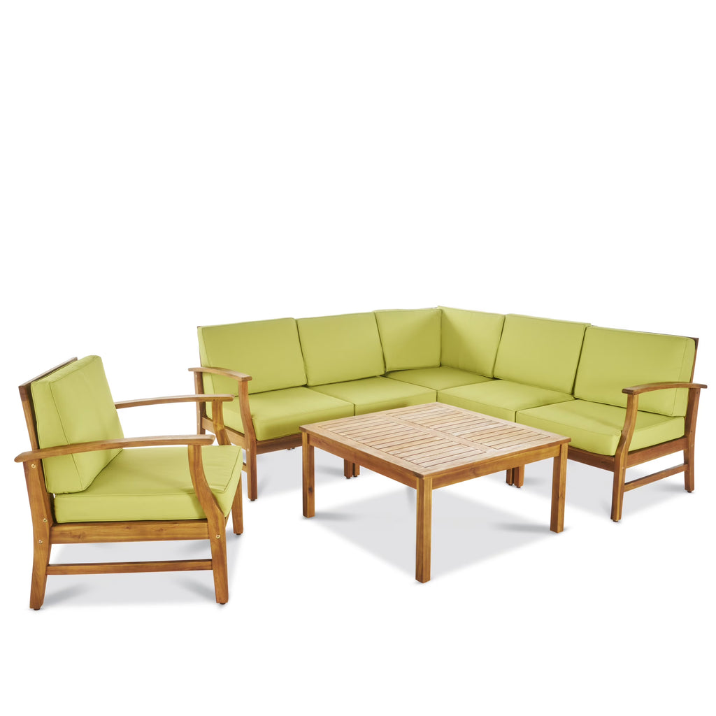 Teak and Green Acacia Wood 6 Seater Sectional Sofa and Club Chair Chat Set with Cushions V53352